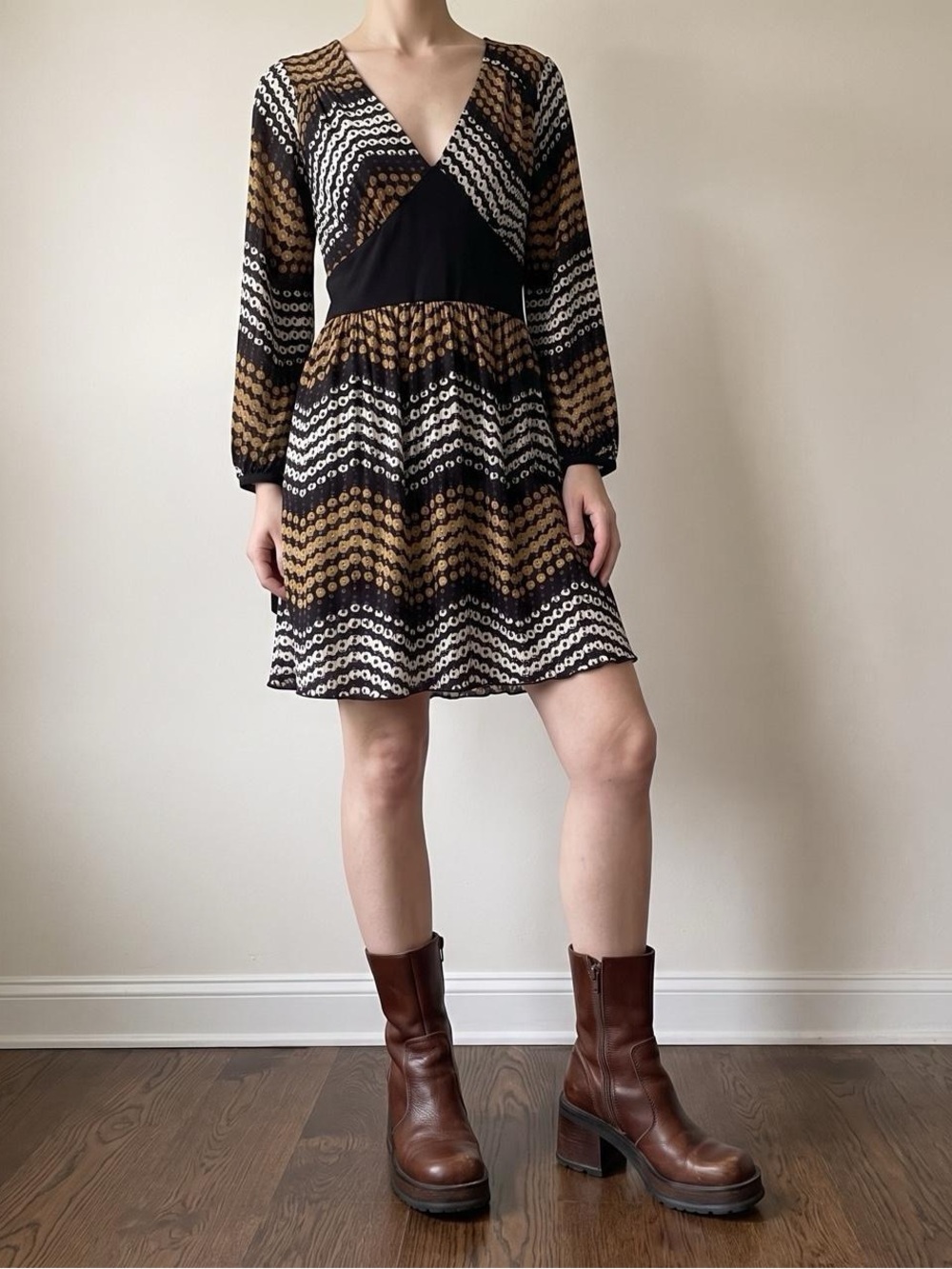 y2k vintage brown olive boho inspired geometric abstract flowy babydoll dress S